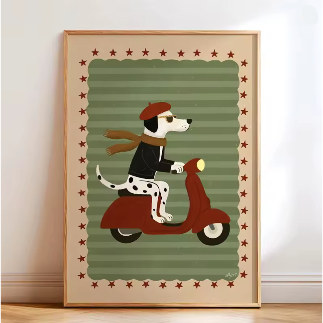 Lámina / poster - Dog on a vespa Green