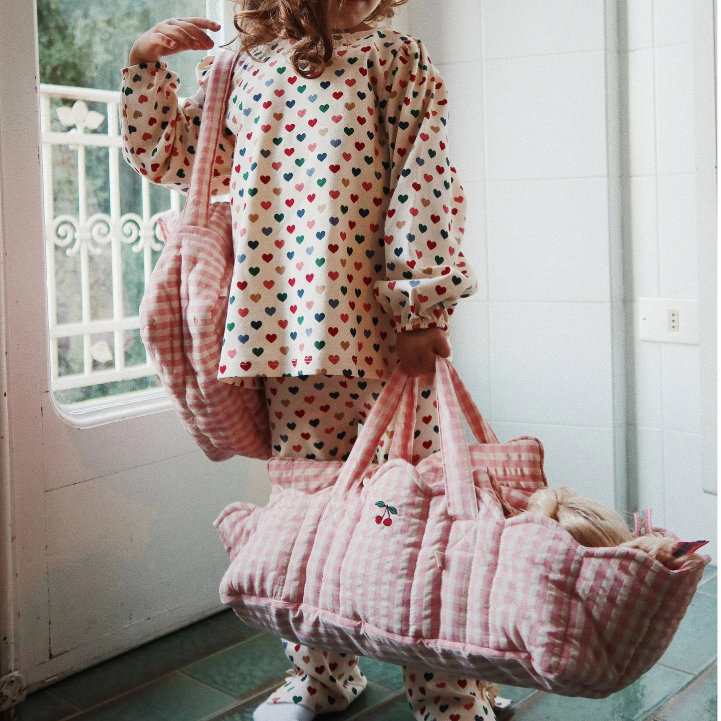 Moisés para muñeca - Powder pink check