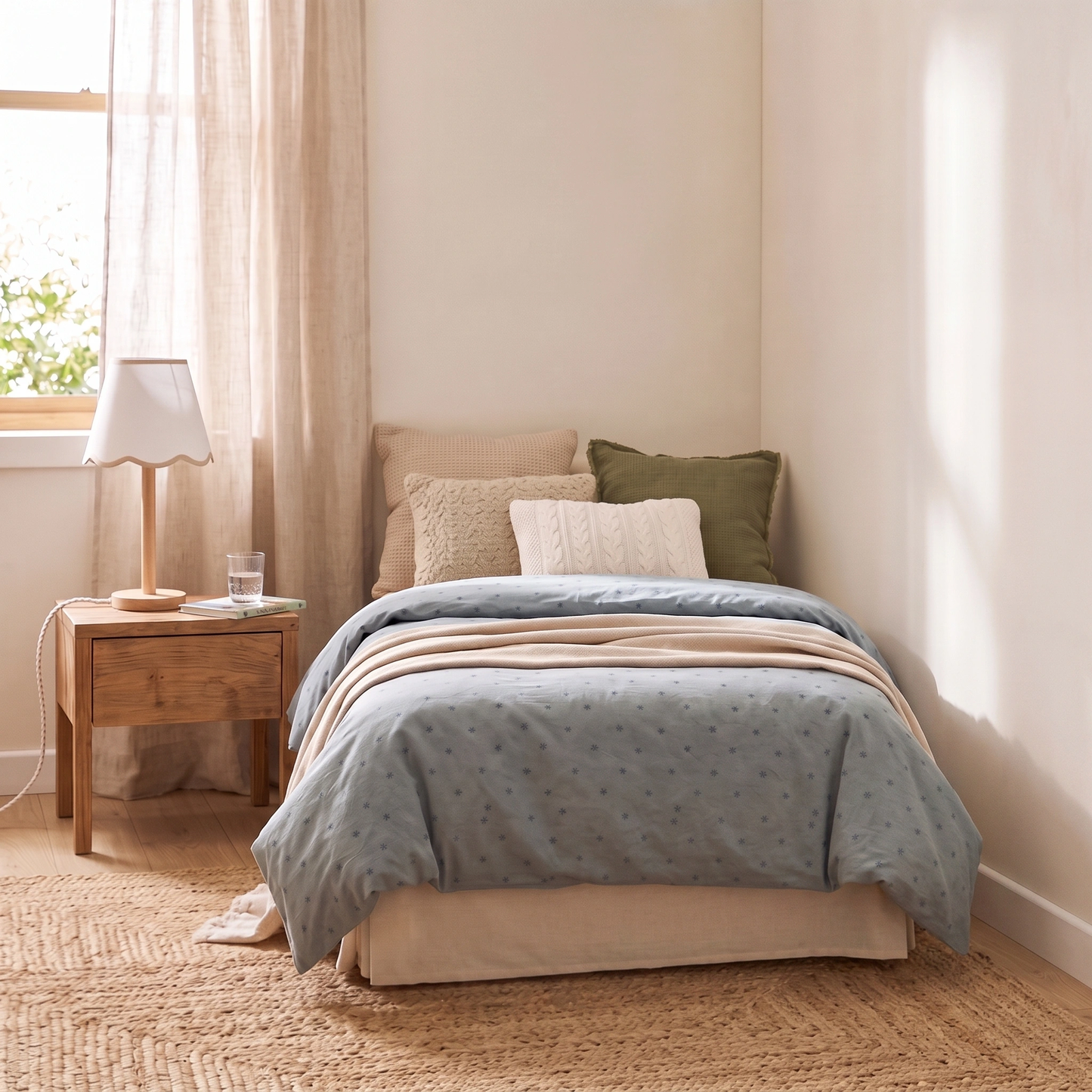 Lampara sobremesa madera con pantalla scalloped textil