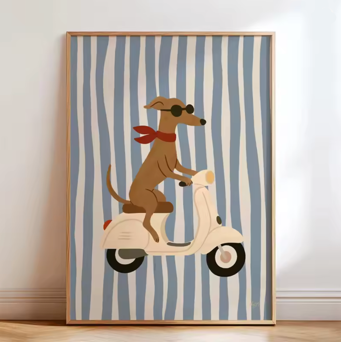 Lámina / poster - Dog in a vespa blue