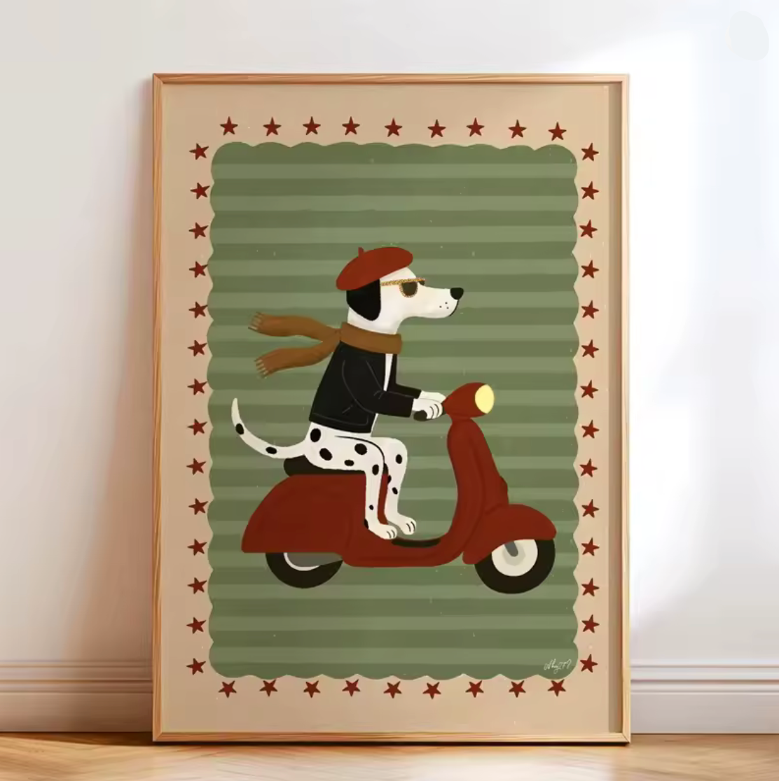 Lámina / poster - Dog in a vespa Green