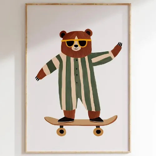 Lámina / poster - Bear on a skate green