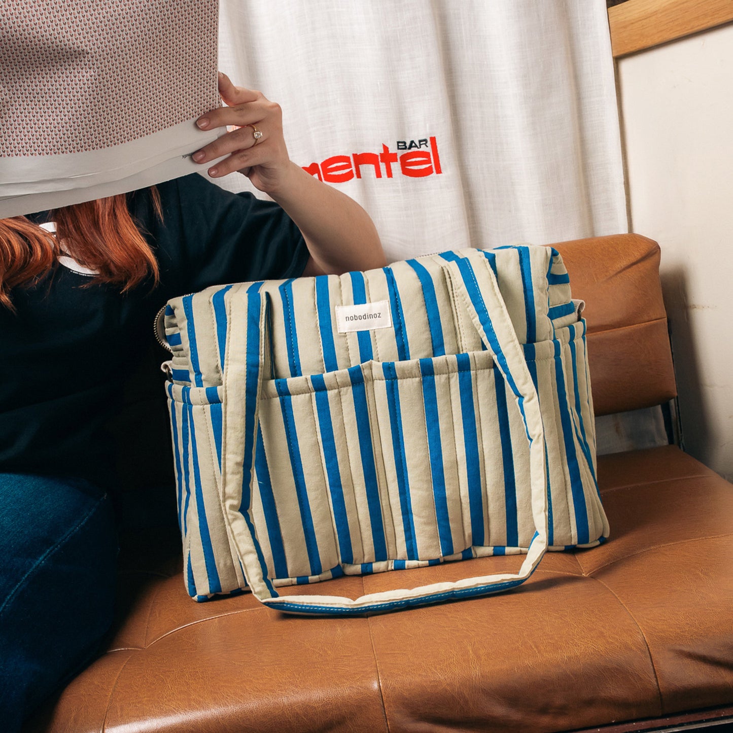 Bolso cambiador apto para coche Stories limited edition - Green blue stripes