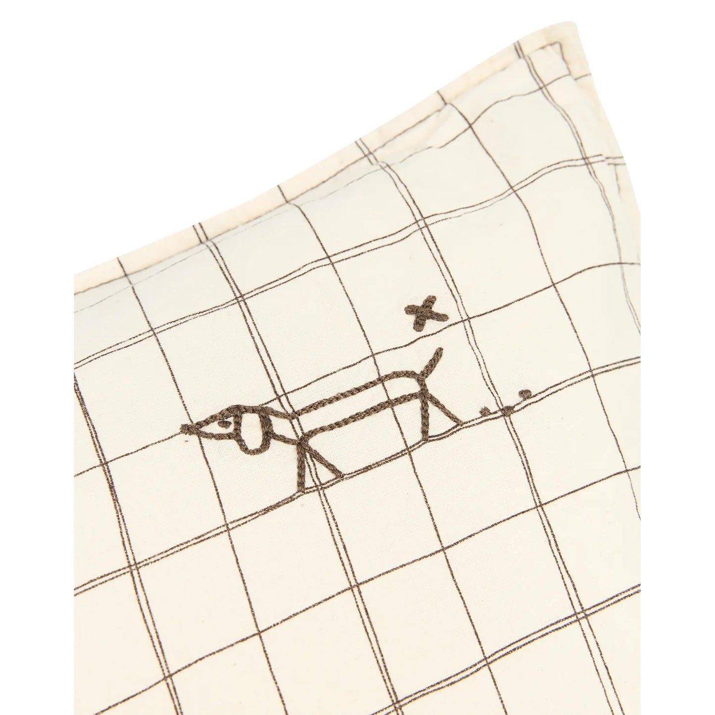 Cojín rectangular bordado de lino francés lavado - Natural grid