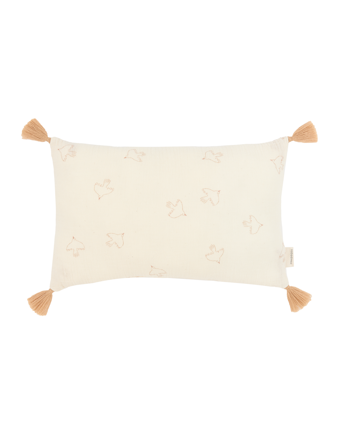 Cojín rectangular con pompones de doble gasa de algodón lavado Wabi Sabi - Brown hoshi birds
