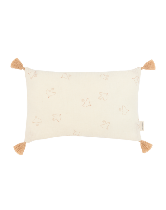Cojín rectangular con pompones de doble gasa de algodón lavado Wabi Sabi - Brown hoshi birds