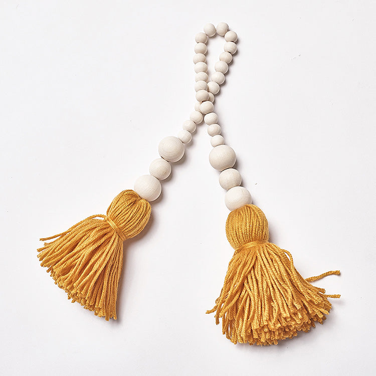 Colgante Madera - Pompones Mostaza