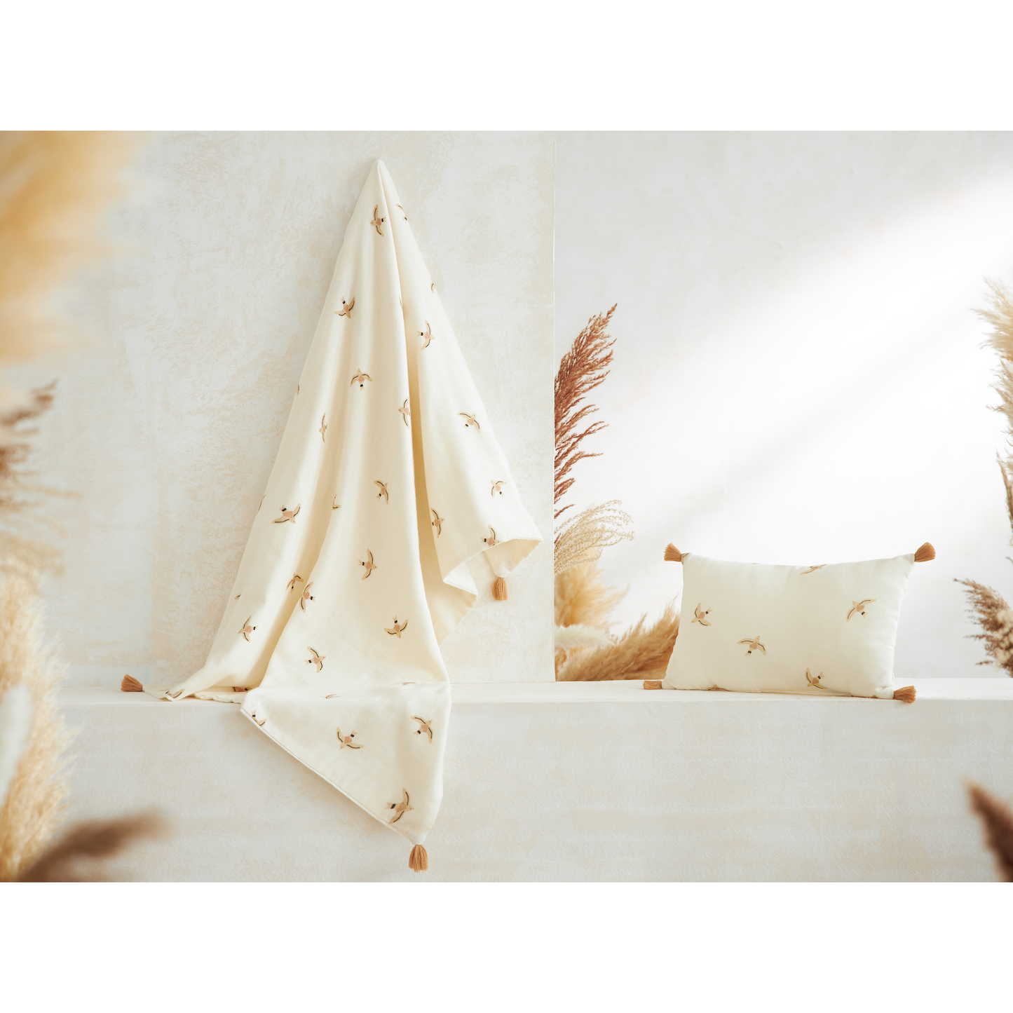 Manta de muselina doble Treasure - Nude haiku birds natural